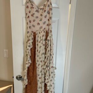 For Love & Lemons Cream Floral Maxi Dress with Rust Lace Panels